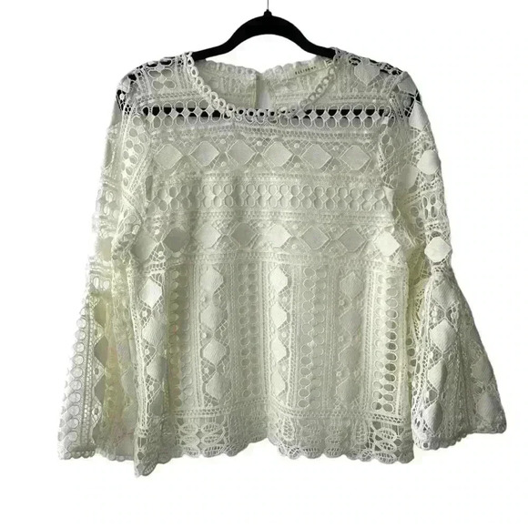 ELLISON Ivory Cream Boho Lace Crochet Bell Sleeve Top Women's Size Large - Picture 2 of 7